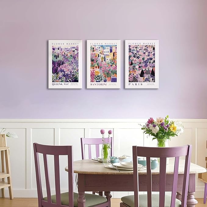 XLARTMY Flower Market Wall Art Prints Canvas Purple and Pink Floral Paintings Colorful Botanical Travel Flower Posters for Home Decor Pictures Set of 3 for Living Room Bedroom 16x24in