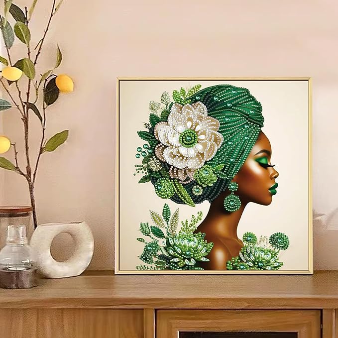 Tontut Diamond Art Painting Kit, Green Hijab Flower Lady 5D DIY Special Shape Mosaic Crafts for Beginners and Adults, can be Gifted to Family and Friends, Great for Decorating Home and Office Walls