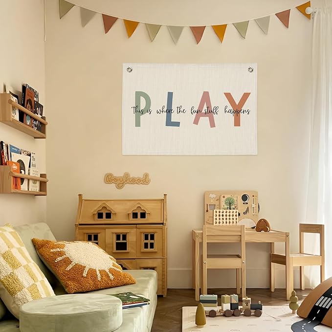 Playroom Wall Decor, Boho Classroom Kids Room Canvas Banner Wall Hanging Flag, This is Where All The Fun Stuff Happens Banner