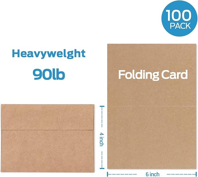 Ohuhu Blank Brown Kraft Cards and Envelopes 100 Pack - 4" x 6" Folded Cardstock Paper and A4 Envelopes for DIY Greeting Cards Wedding Birthday Invitations Baby Shower Thank You Notes and More