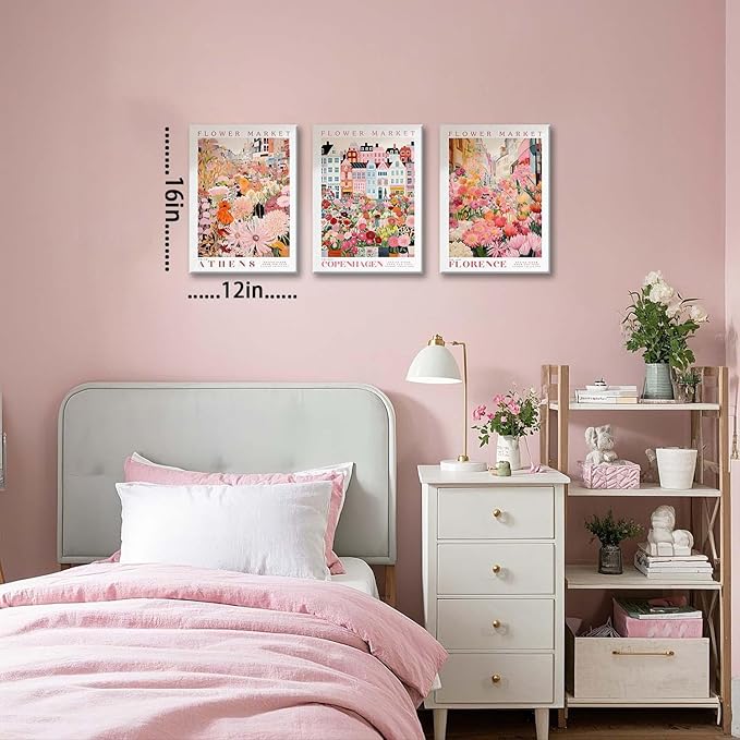 XLARTMY Flower Market Wall Art Print Canvas Framed Pink Floral Paintings Colorful Botanical Sunflower Artwork Travel Poster for Decor Picture 3 pieces for Living Room Bedroom Bathroom 12x16in