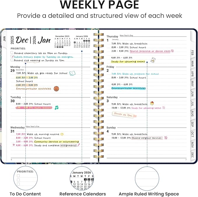 2026 Planner, Weekly and Monthly Calendar Planner for Women, Jan 2026 - Dec 2026, Hardcover Planning Agenda book with Tabs, Spiral Bound, Inner Pocket, Perfect for School Office Supplies, 6.3" x 8.5" - Midnight Cranes