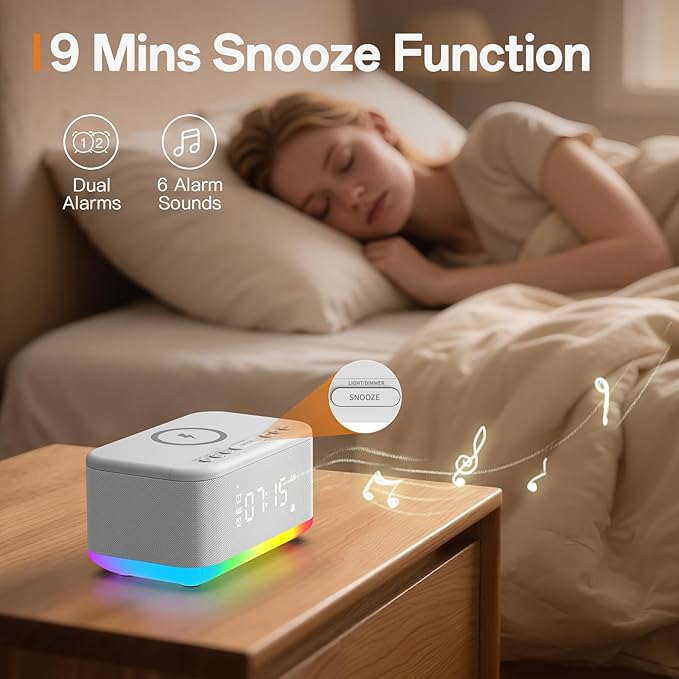 Alarm Clock Speaker Wireless Charger, Digital Alarm Clocks Bedrooms Bluetooth, Alarm Clock Dimmable Light Bedrooms Bluetooth Speaker Dual Alarm Snooze 12/24H Dimmer Support USB AUX, White