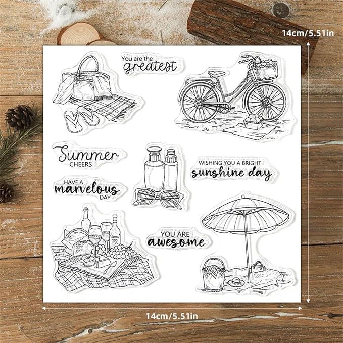 Summer Beach Umbrella Bicycle Stamps and Cutting Dies for Card Making DIY Transparent Silicone Clear Stamp and Metal Die Cuts Sets for Scrapbooking Paper Greeting Cards Decor Seals Craft Supplies
