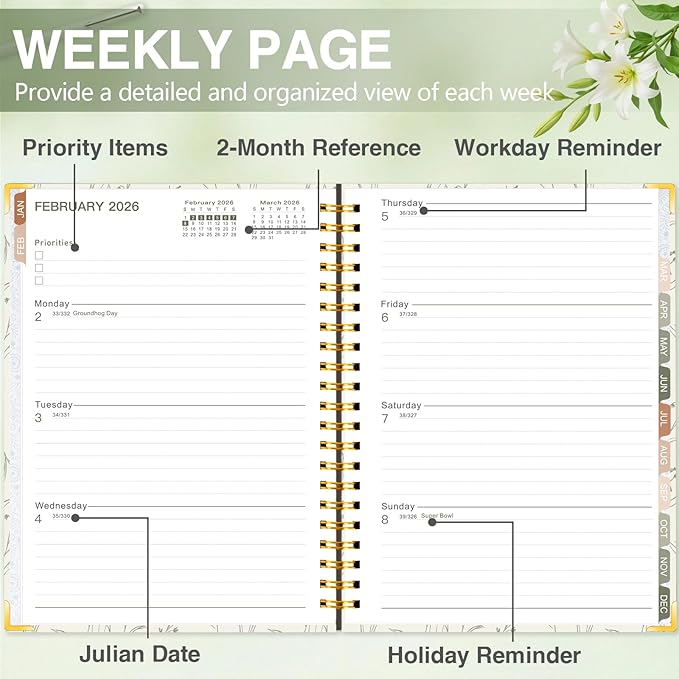 GuassLee 2026 Planner, Weekly and Monthly Planner from January 2026-December 2026, 8.4"x 6.1" Aesthetic Beige Agenda Book with Back Pocket, Stickers, Coated Tabs for School Office Supplies, A5 Size