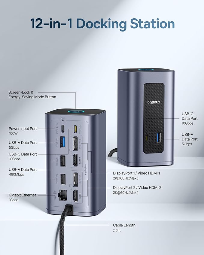 Baseus Docking Station Dual Monitor for macOS/Win, Nomos Mac Air(12 in 1) Laptop Dock Station with 4K HDMI, 10Gbps USB Ports, 1Gbps Ethernet, PD 100W(No Power Adapter)