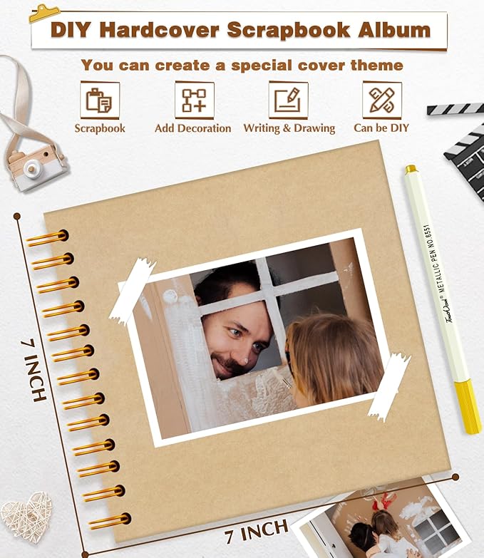 EJBLFE DIY Scrapbook Album, Hardcover Kraft 7x7 inch 40 Pages Scrap Book Photo Album with Metallic Pen for Family Memory Book, Wedding Anniversary, Tickets Etc