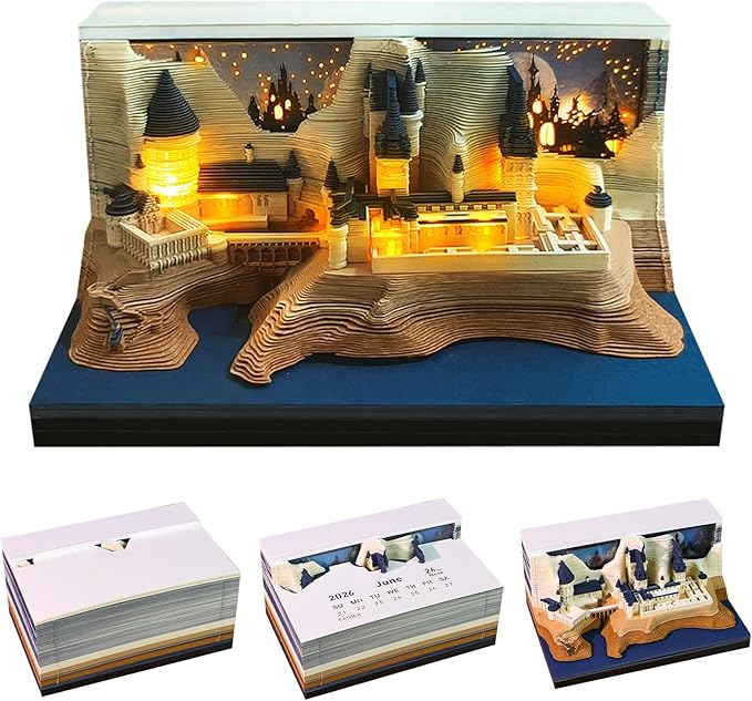 3D Time Piece Calendar 2026 3D Tear Away Art Memo Pad Notepad Desk Calendar with Light,3D Art Calendar Desktop Decoration Gift for Christmas (Castle)