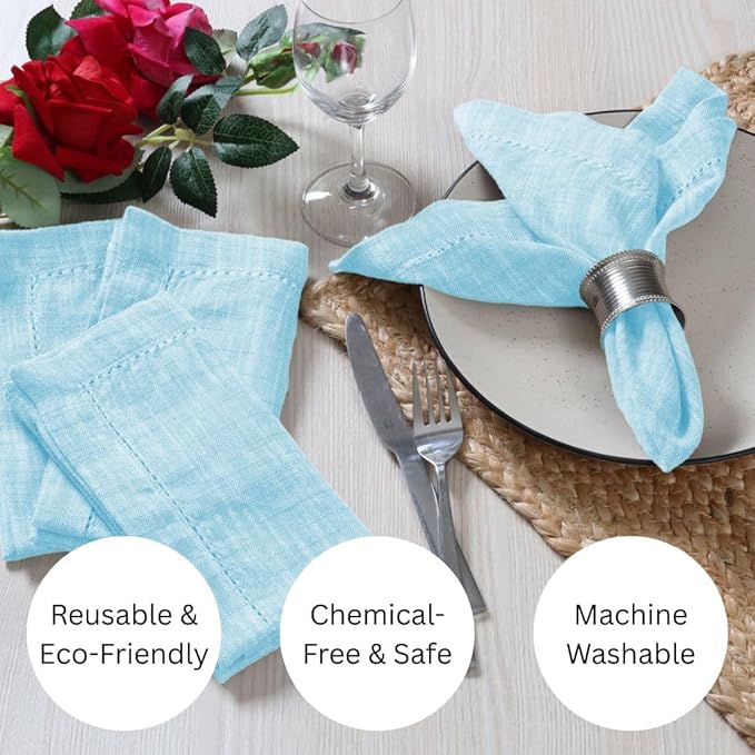 Slub Textured Dinner Napkins Set of 6-100% Cotton Cloth Napkins 18x18 Inch - Soft Durable Washable Fabric Napkins for Everyday Use & Special Occasions Christmas - Aqua Blue