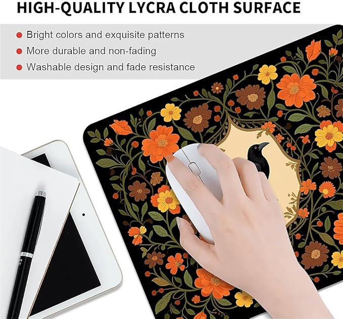 Square Mouse Pad Crow Flower, Personalized Premium-Textured Custom Mouse Mat Design, Washable Mousepad Cloth, Non-Slip Rubber Base Computer Mouse Pads for Wireless Mouse