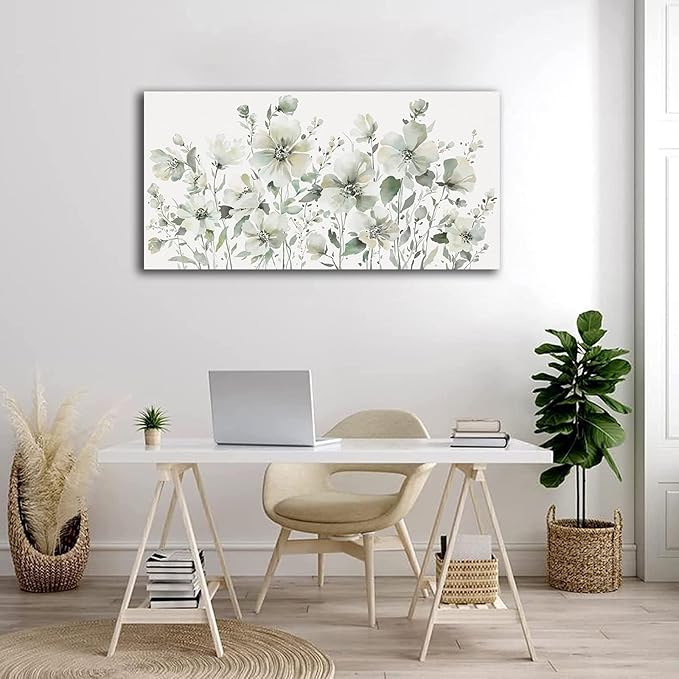 Elegant Flowers Wall Art Abstract Floral Pictures Wall Decor Modern Green Botanical Canvas Painting Flower Blossom Canvas Print Artwork for Living Room Bedroom Office Home Wall Decoration 30" x 60"