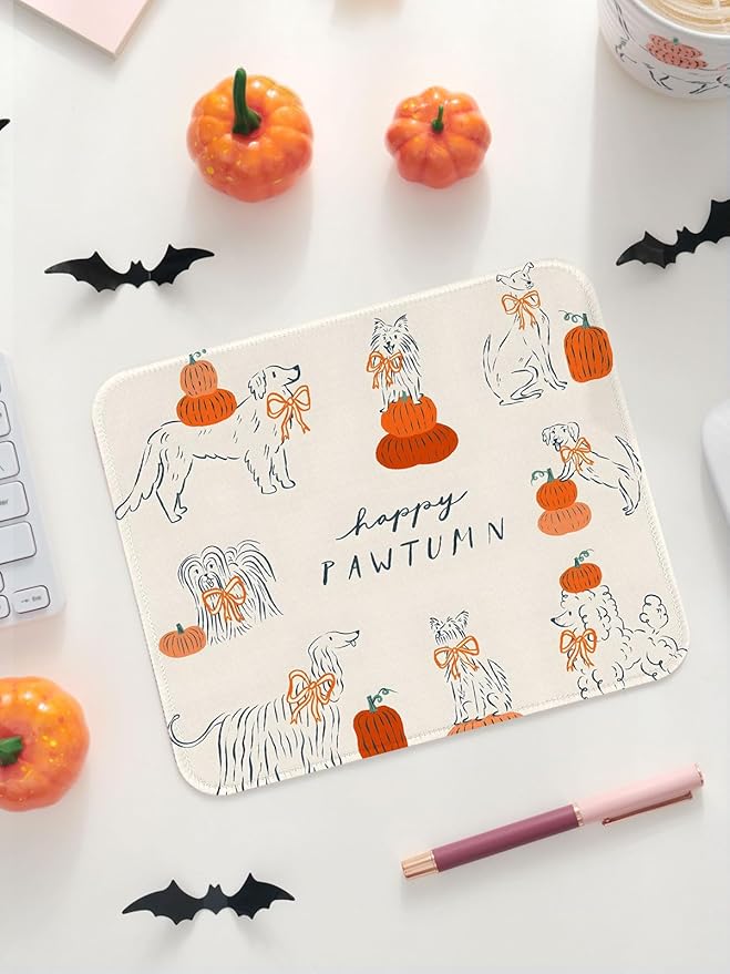 Seorsok Halloween Cute Puppy Mouse Mat,Pumpkin Decor Mouse Pads for Office Laptop,Washable Square Cute Mousepads with Extended Stitched Edges Non Slip Rubber Base 9.5"x7.8"x0.12" Inch,Beige