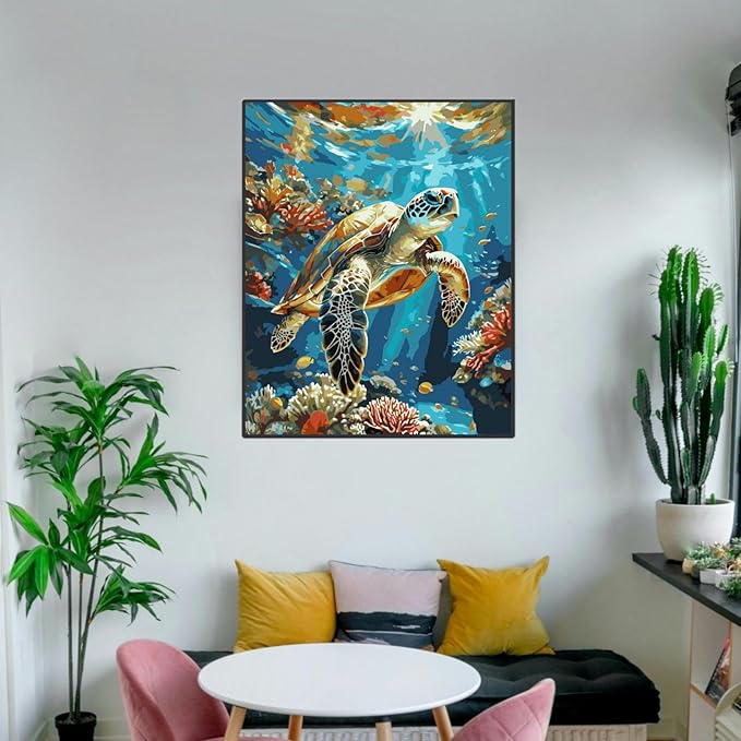 ldazao Painting by Numbers for Adults Number Oil Painting Kit Paint by Numbers Kit Beginner Turtle DIY Painting Kits for Adults Without Frame Paint by Number On Canvas for Gift Home Wall Decor