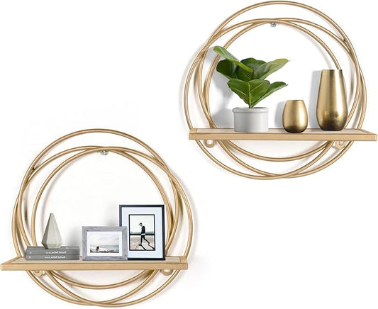 Oakrain Small Floating Shelves Set of 2, 11" Gold Wall Mounted Hanging Shelf with Metal Frame Wood Round Wall Shelves for Storage, Living Room Decor, Bathroom, Kitchen, Bedroom, Office