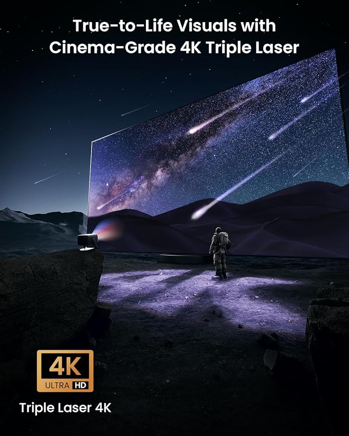 JMGO N1S Ultimate Triple Laser 4K Projector, 3300 ISO Lumens Projector, Google TV Netflix, Real-Time Auto Screen Fit, HDR10, 180", Blu-ray 3D, Home Theater Projector with 20W Dolby Digital+