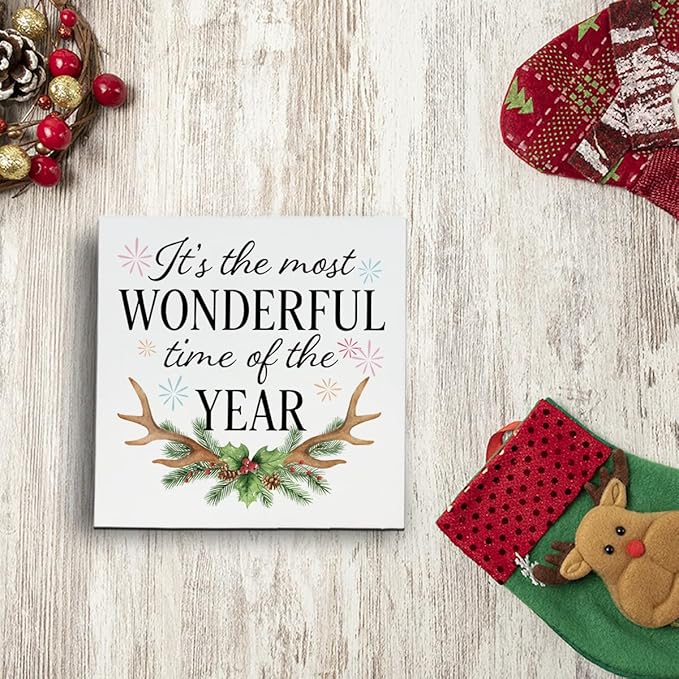 Christmas Wooden Desk Decor Sign, It's The Most Wonderful Time of The Year Rustic Holiday Sign, Winter Christmas Tabletop Home Plaque, Farmhouse Xmas Decor 5x5 Inches