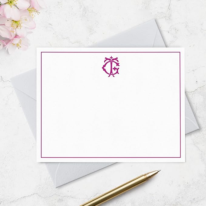 Fairmont & Grove Chic Interlocking 2 Letter Monogram Note Card and Envelope Stationery Set, Classic Monogrammed Personalized Stationary in Choice of Set Size and Colors (Monogram with Single Border)