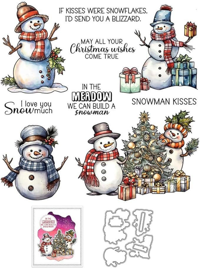 Christmas Snowman Santa Box Stamps and Cutting Dies for Card Making DIY Transparent Silicone Clear Stamp and Metal Die Cuts Sets for Scrapbooking Paper Greeting Cards Decor Seals Craft Supplies