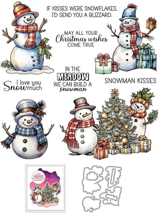Christmas Snowman Santa Box Stamps and Cutting Dies for Card Making DIY Transparent Silicone Clear Stamp and Metal Die Cuts Sets for Scrapbooking Paper Greeting Cards Decor Seals Craft Supplies
