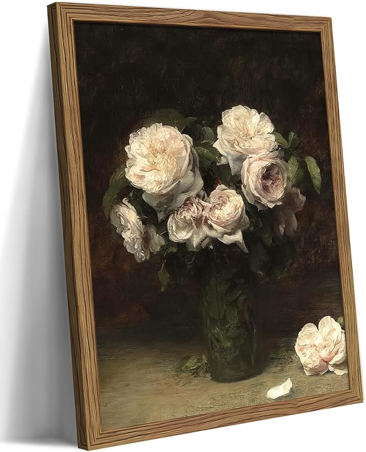 Vintage Floral Wall Art, Framed Moody Dark Roses Canvas Wall Art, Botanical Flowers Pictures Print, Retro White Roses Oil Painting Artwork Wall Decor for Bedroom Kitchen Bathroom – 12x16 inch