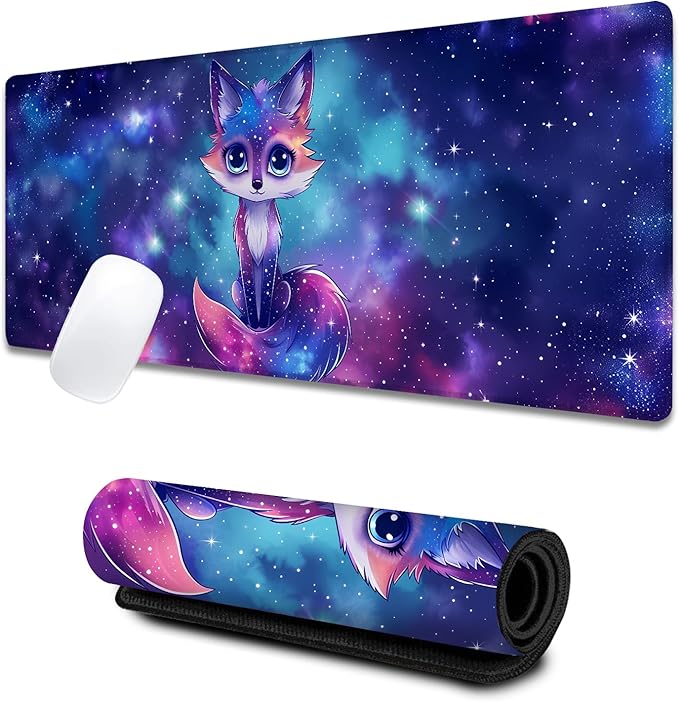 Galaxy Fox Large Gaming Desk Mat,Rubber Non-Slip Cosmic Animal Mouse Pad,31.5x11.8x0.12in Extended Space Blue Mousepad,Game Lover Mice Pads Gifts,Office Home Deskmat Decor