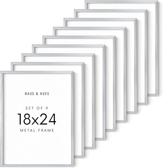 HAUS AND HUES 18x24 Silver Metal Picture Frames - Premium Aluminum with Vertical & Horizontal Hanging, Shatterproof Plexiglass - Perfect for Home or Office (18x24 in, Silver, Set of 9)