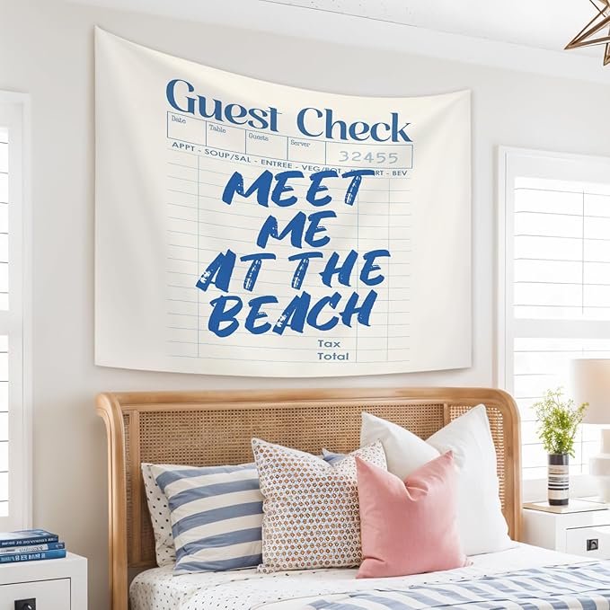 STHTTSW Meet Me at the Beach Tapestry, Trendy Coastal Tapestries Wall Blanket, Blue Typography Ocean Wall Hanging Decor for Beach Bedroom House Cabin Kitchen Living Room, 50x60 Inch