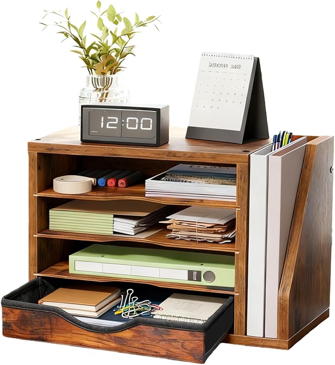 File Organizer with Drawer, Office Desk Organizer Wood, with 4 Adjustable Shelves, Mail Sorter with Drawer, Office Desk Paper Holder, Brown