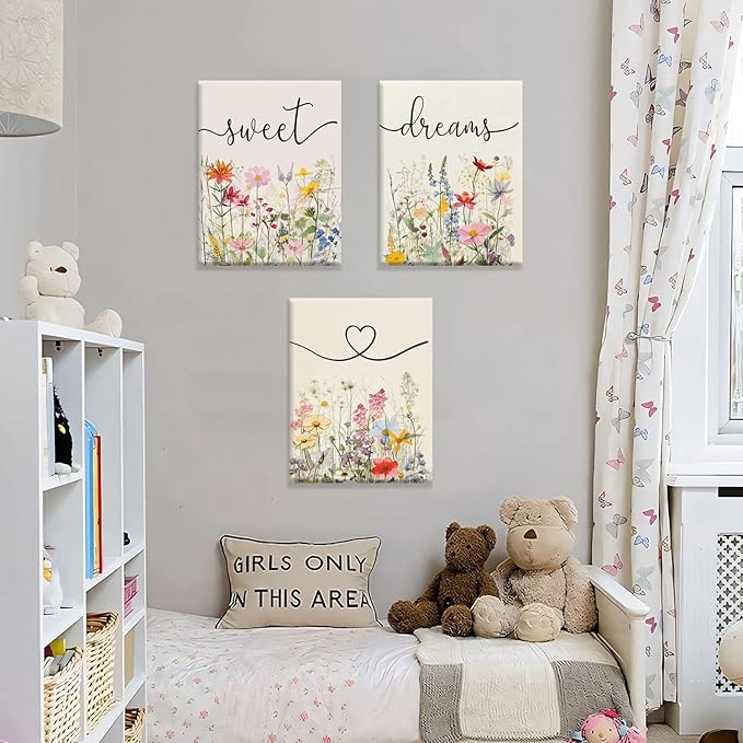 tgguytiy Framed Bedroom Canvas Wall Art Set of 3 Farmhouse Sweet Dreams Colorful Wildflowers Pictures Prints Wall Decor for Above Bed Wall Decor Bedroom Decor 12x16in