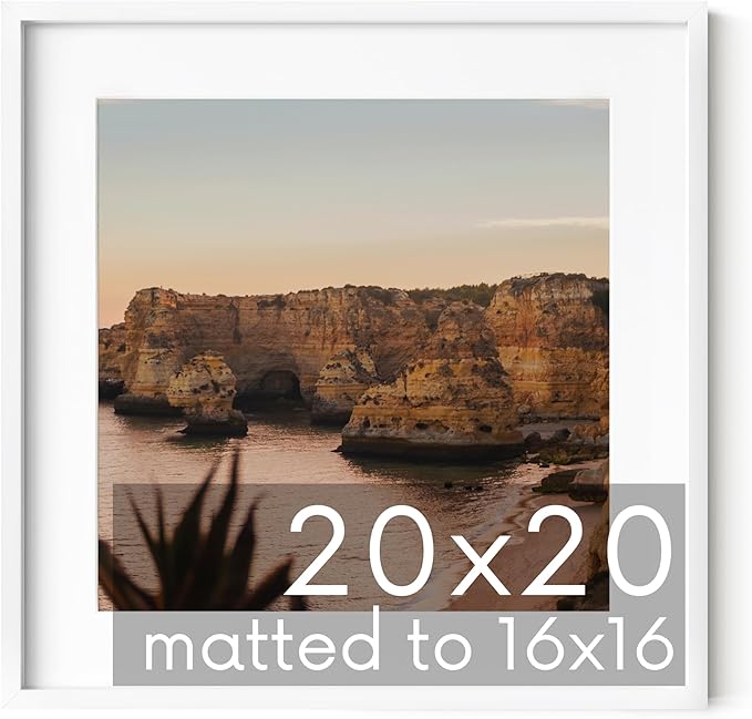 HAUS AND HUES 20x20 White Metal Frame Matted to 16x16 - Premium Aluminum & Hanging Hardware, Shatterproof Plexiglass - Ideal for Home, Room, Office (20x20 in, White, Set of 1)