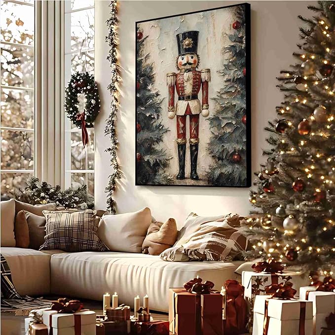 Nutcracker Soldier Vintage Christmas Art Holiday Doll Canvas Wall Art Traditional German Decor Red Uniform Soldier Prin Poster Indoor Decor for Home Offices Living Room Bedroom Framed Ready to Hang