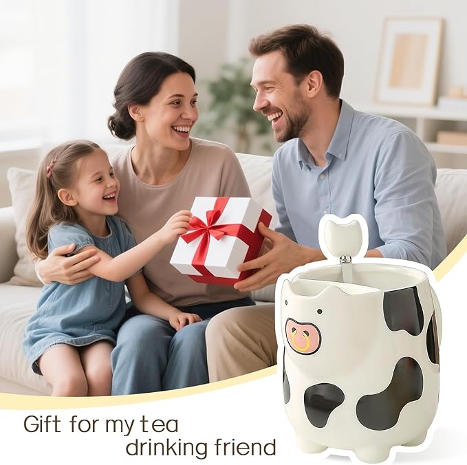 Yuwu 17oz Cow Mug with Built-in Tea Bag Holder and Spoon – Cute Glossy Ceramic Animal Cup for Milk Tea, Coffee, Kids, Girls – Farm Gift for Birthday, Christmas (whit)
