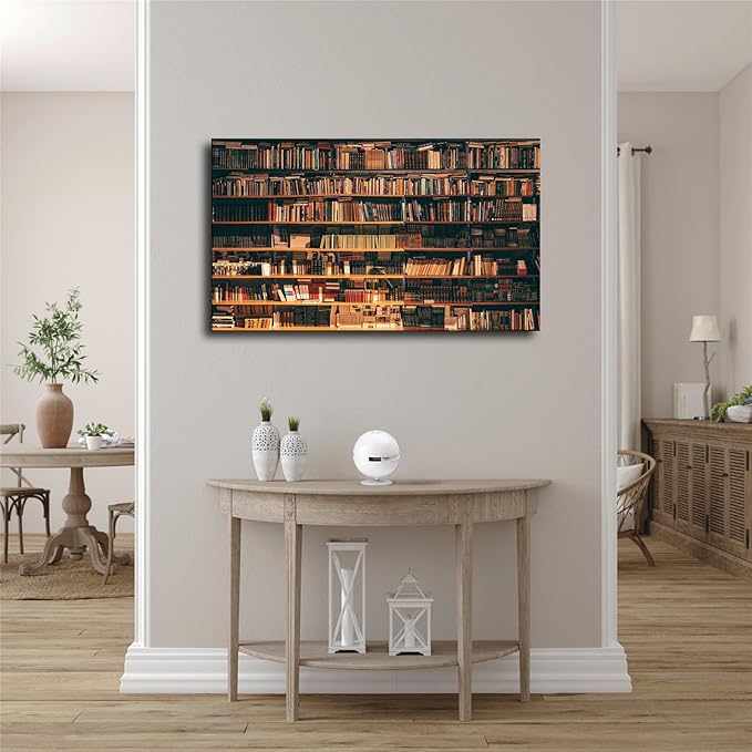 Library Books Antique Bookshelf Poster Art Print Canvas Wall Art Kitchen Living Room Classroom Bedroom Office Home Aesthetic Decoration (08x12inch Framed)