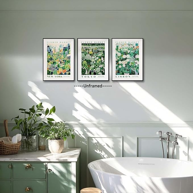 XLARTMY Flower Market Wall Art Prints Canvas Green Yellow White Floral Paintings Colorful Botanical Travel Flower Posters for Home Decor Pictures Set of 3 for Living Room Bedroom 12x16in Unframed
