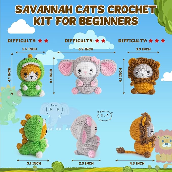 POP COCHE Crochet Kit for Beginners, Crochet Starter Kits for Adults, Amigurumi Craft Knitting Crochet Animal Kit with Step-by-Step Video Tutorials, 3 Grassland Cats (40%+ Yarn)