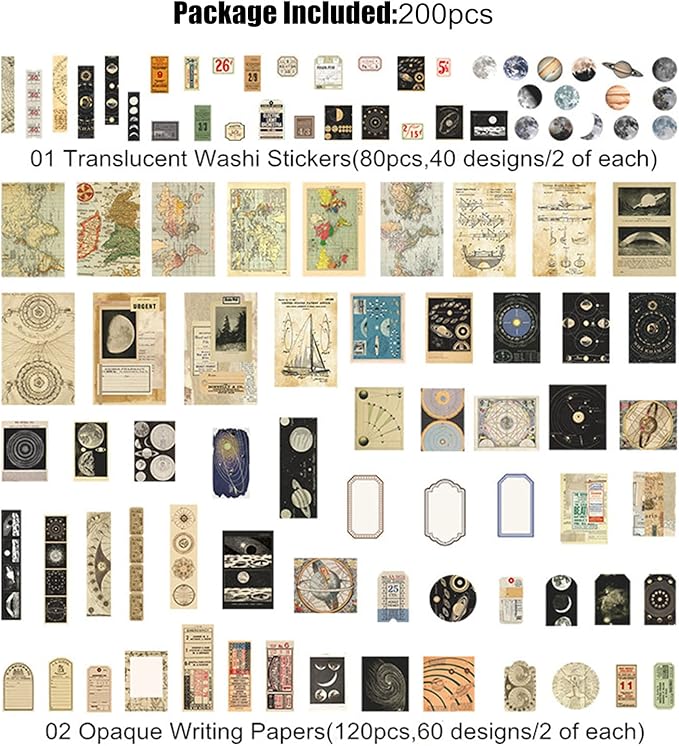 200PCS Vintage Scrapbooking Supplies Kit for Journaling, Scrapbook Sticker Paper Pack for for Bullet Journals Junk Journal Planners Aesthetic Cottagecore Room Decor Wall Art Collage Album
