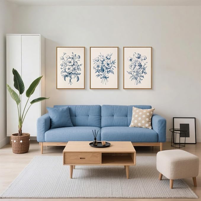 KAIRNE Blue Floral Wall Art Set of 3, Vintage Botanical Flower Framed Canvas Prints, Blue and White Chinoiserie Flower Artwork Decor for Living Room, Bedroom, Office - 16×24 inch