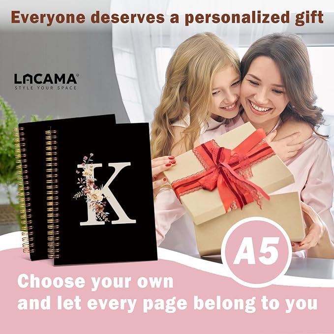 Lacama Cute Initial Letter K School Notebook Journal, Aesthetic Wildflower Personalized Black Spiral Notebook, School Supplies, Customized Monogrammed Gifts, Birthday Gifts for Women, Office Supplies