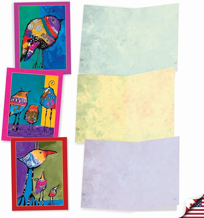 The Best Card Company - 10 Assorted Blank All Occasions Notecards Bulk Box Set 4 x 5.12 Inch with Envelopes (10 Designs, 1 Each) - Bohemian Birds M3319