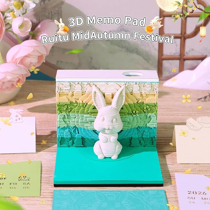 3D Time Piece Calendar 2026 3D Tear Away Art Memo Pad Notepad Desk Calendar with Light,3D Art Calendar Desktop Decoration Gift for Christmas (Auspicious Rabbit)