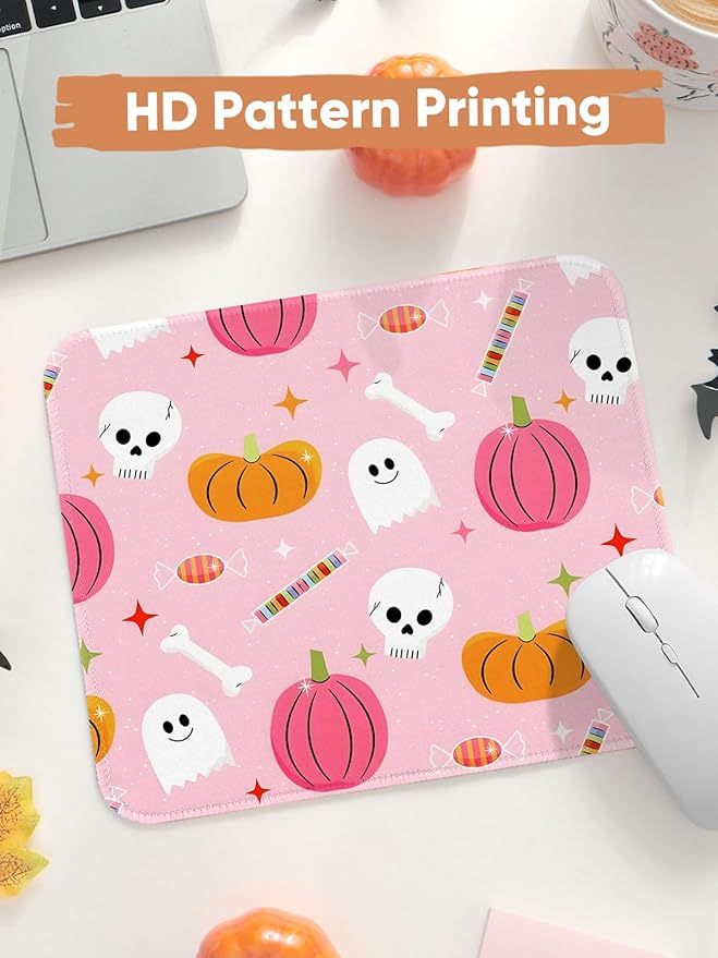 Seorsok Cute Fall Autumn Pumpkin Mouse Mat,Skeleton Skull Decor Mouse Pads for Office Laptop,Washable Square Mousepads with Extended Stitched Edges Non Slip Rubber Base 9.5"x7.8"x0.12" Inch,Pink