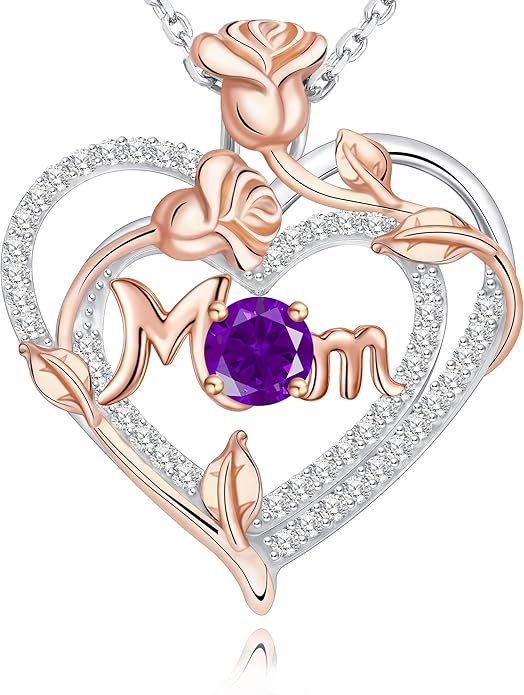 Mothers Day Gifts for Mom - Rose Heart Necklaces for Women, 925 Sterling Silver Birthstone Jewelry to My Wife Necklace, Birthday Gifts for Mother Grandma Girlfriend Her