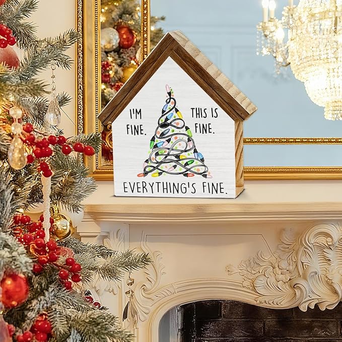 Funny Christmas Decorations, I'm Fine Everything Is Fine Christmas Lights House Shaped Wood Sign, Rustic Home Office Decor for Desk Table Shelf