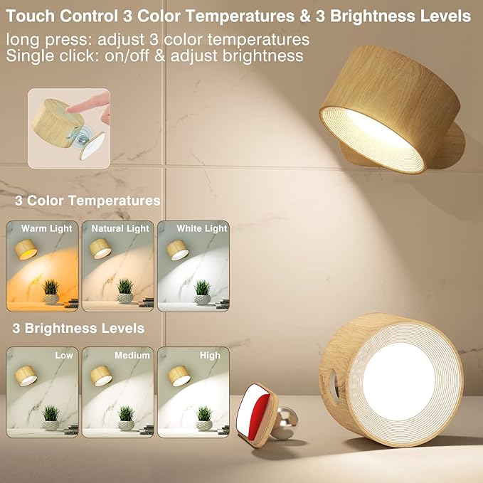 LED Wall Sconce, Wall Mounted Lamp with Rechargeable Battery Operated USB Port 3 Color Temperature & 3 Brightness Level 360°Rotate Magnetic Ball, Cordless Light for Reading Bedside-Wood