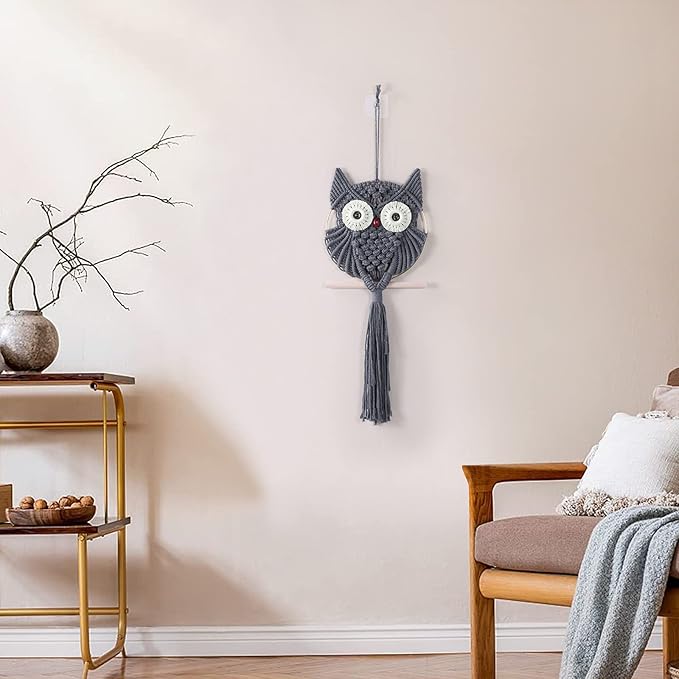 MVSUTA Owl Grey Cotton Handmade Macrame Wall Hanging Tapestry Home Decor Art and Gray Craft Wonderful Woven Boho Ornament for Office Bedroom Apartment Living Nursery Gallery,1pc Middle size:9.8" W x