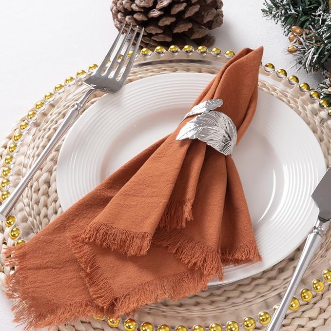12 Pack Terracotta Cotton Linen Napkins with Fringe Spring Cloth Napkins Set of 12 Boho Handmade Dinner Napkins Bulk for Wedding Bridal Baby Shower Valentine's Day, 17 x 17 Inches