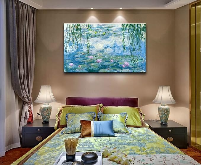 Claude Monet Canvas Wall Art - Water Lilies Classic Artwork Picture Print with Framed Painting for Home Office Wall Decor 32"x48"