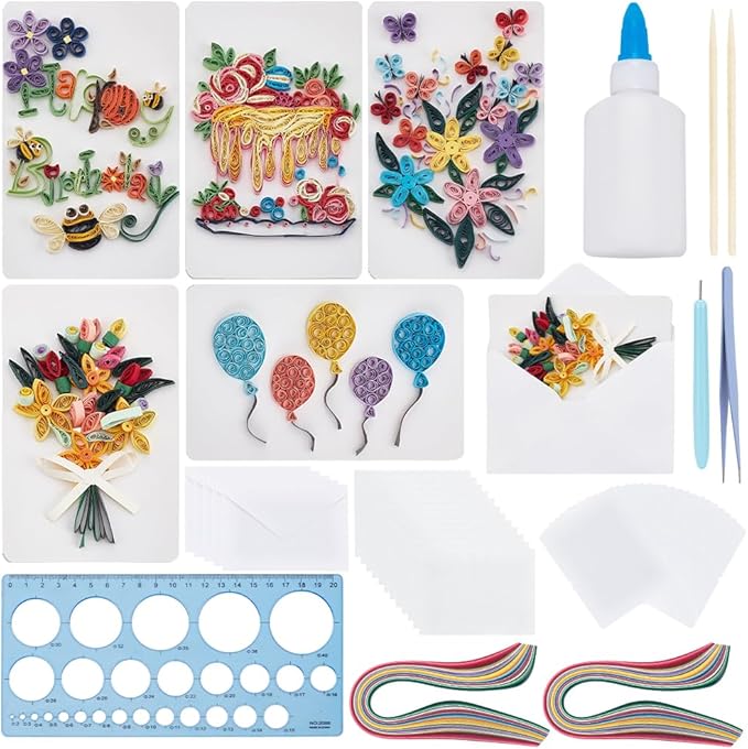 WEBEEDY 20 Sets Paper Quilling Kit DIY Happy Birthday Quilling Cards for Beginner,Blank Greeting Card Making Kit with Instruction Quilling Strips 5 Styles Heart,Cake,Balloons,Flowers for Invitation