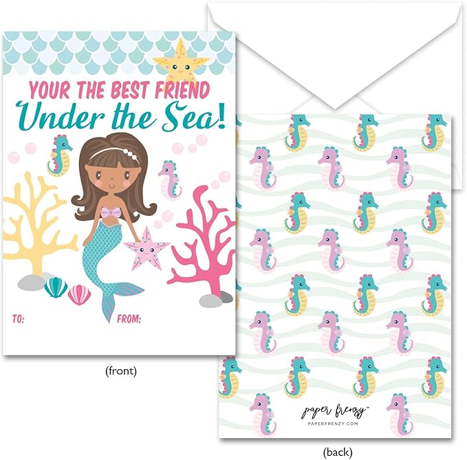 Paper Frenzy Mermaid Themed Valentine Cards WITH ENVELOPES - 25 Pack