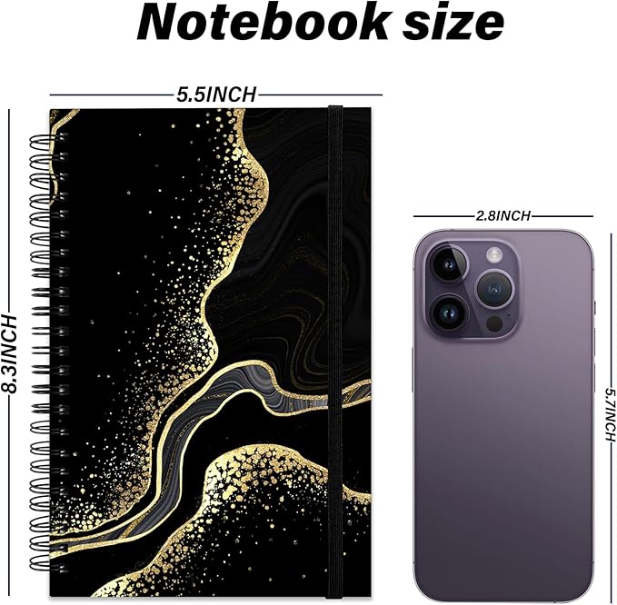 Spiral Notebook,Hardcover Journal Wide Ruled Spiral Notebook,A5 5.5 x 8.3 Inch,80GSM Thick Paper 60 Sheets 120 Pages for Girls Women School Office Aesthetic Cute-Black Marble